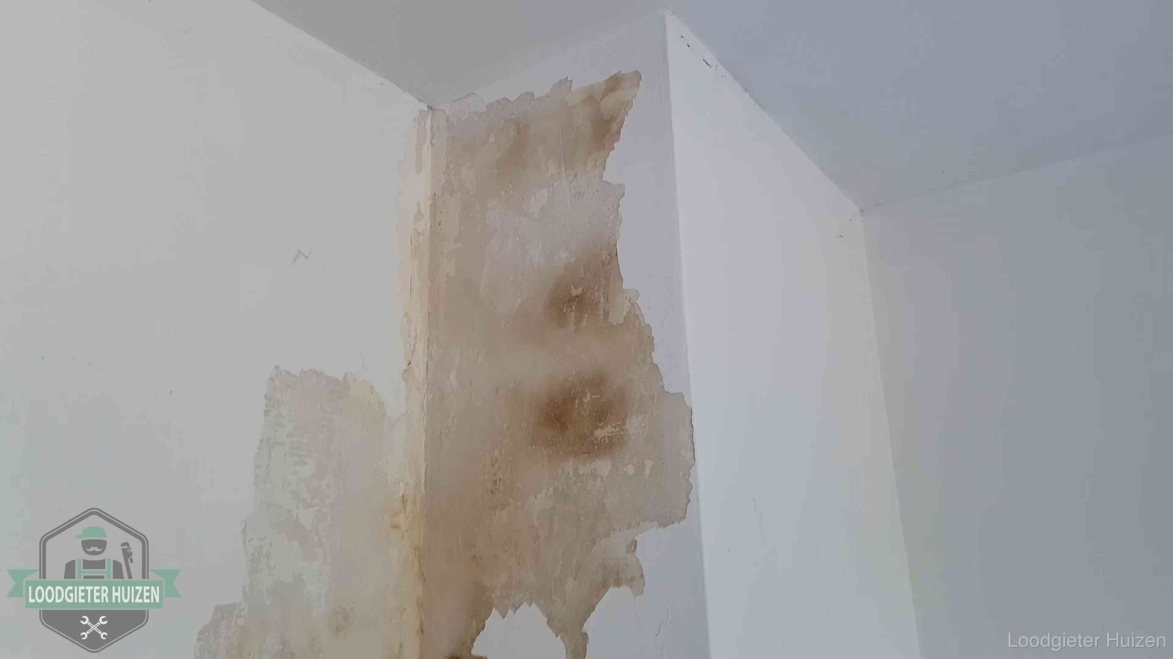 Daklekkage herkennen in Huizen Bruine vochtkringen en afbladderend stucwerk op een binnenmuur in Huizen, een eerste teken van daklekkage
