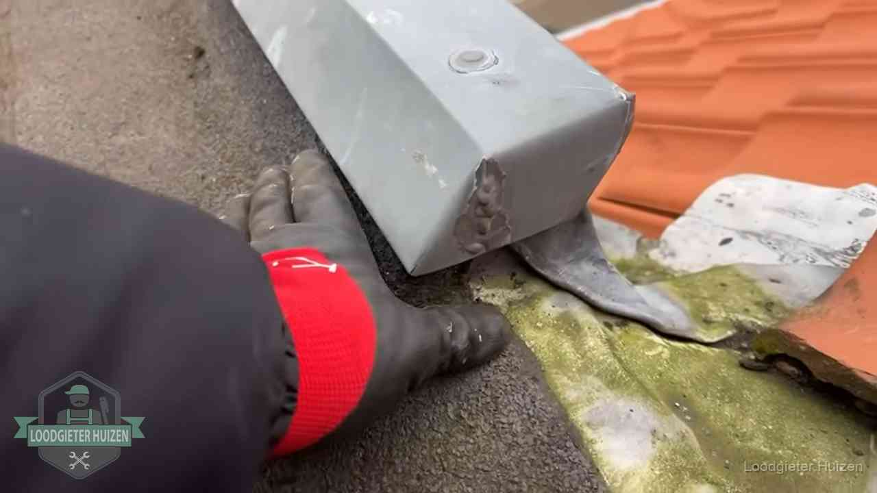 Hemelwaterafvoer en dakgoot controleren in Huizen Controle van een zinken hemelwaterafvoer met loodslab bij dakpannen in Huizen