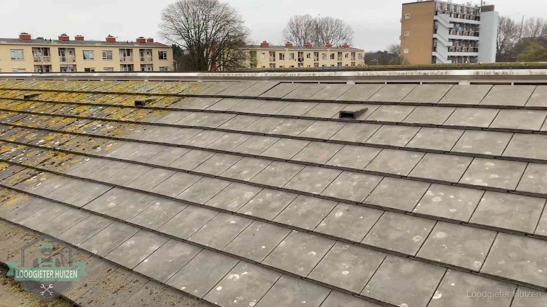 Dakpannen op een schuin dak in Huizen Schuin dak met betonpannen vol mos in Huizen, een risico op lekkage bij de pannen